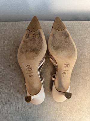 Chanel Vintage 2005 Karl Lagerfeld Vintage Ivory Mesh Slingback 35.5 Kitten Heels bow ballerina detail CC coco mark