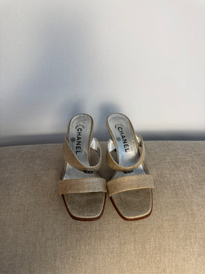 Chanel Vintage Canvas Sandals Heeled Mule Pump Shoes Karl Lagerfeld Canvas Strap detail CC coco mark