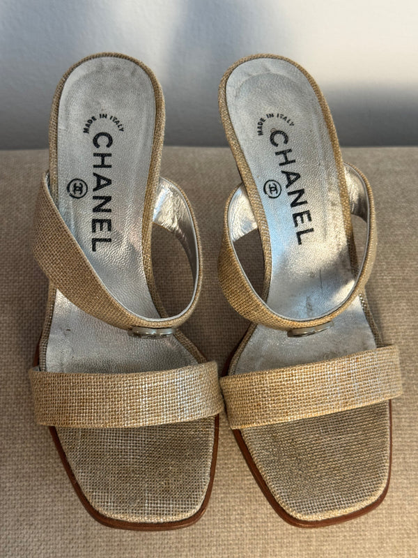 Chanel Vintage Canvas Sandals Heeled Mule Pump Shoes Karl Lagerfeld Canvas Strap detail CC coco mark