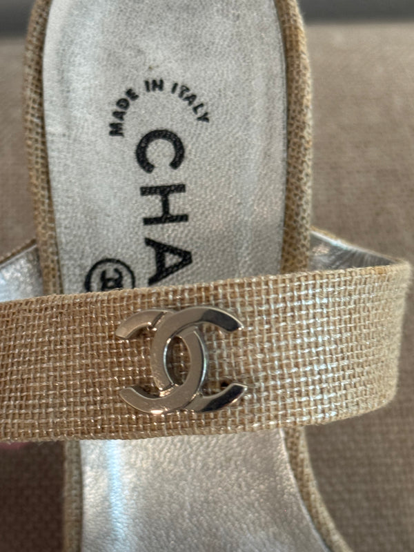 Chanel Vintage Canvas Sandals Heeled Mule Pump Shoes Karl Lagerfeld Canvas Strap detail CC coco mark