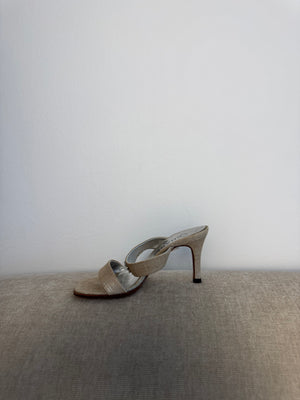 Chanel Vintage Canvas Sandals Heeled Mule Pump Shoes Karl Lagerfeld Canvas Strap detail CC coco mark