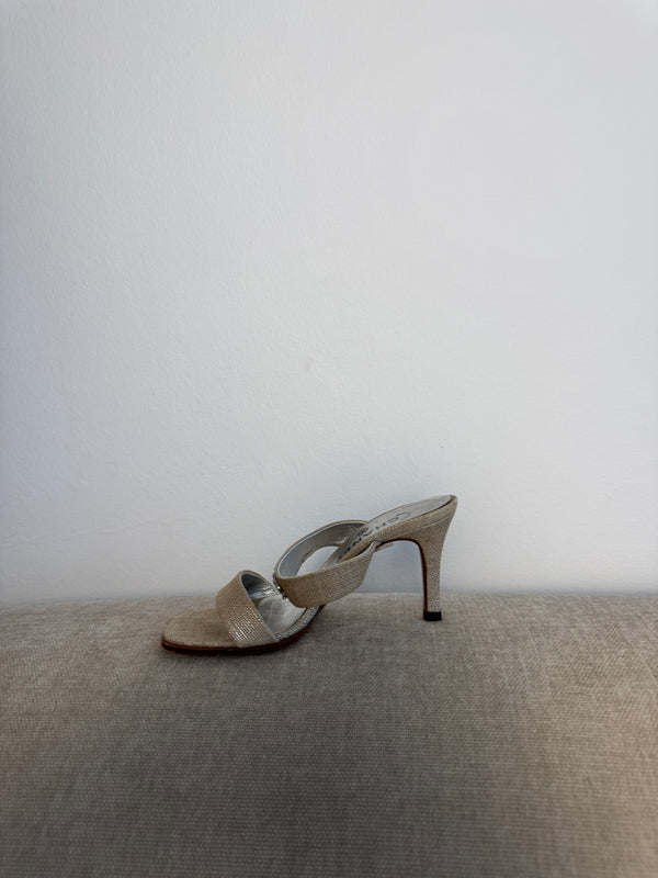 Chanel Vintage Canvas Sandals Heeled Mule Pump Shoes Karl Lagerfeld Canvas Strap detail CC coco mark
