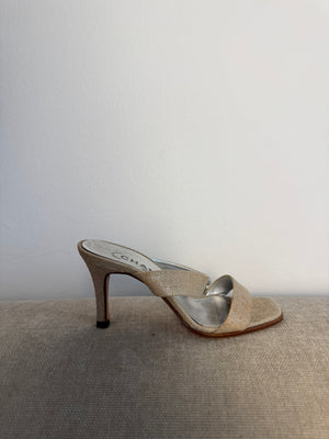 Chanel Vintage Canvas Sandals Heeled Mule Pump Shoes Karl Lagerfeld Canvas Strap detail CC coco mark