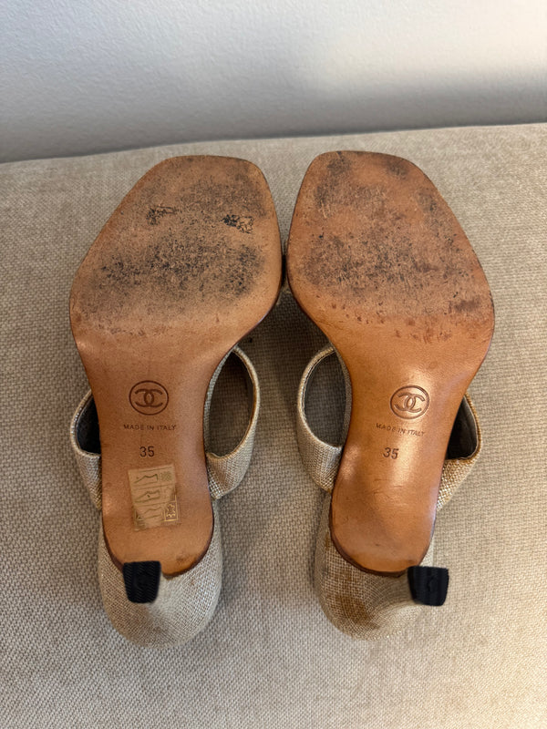 Chanel Vintage Canvas Sandals Heeled Mule Pump Shoes Karl Lagerfeld Canvas Strap detail CC coco mark