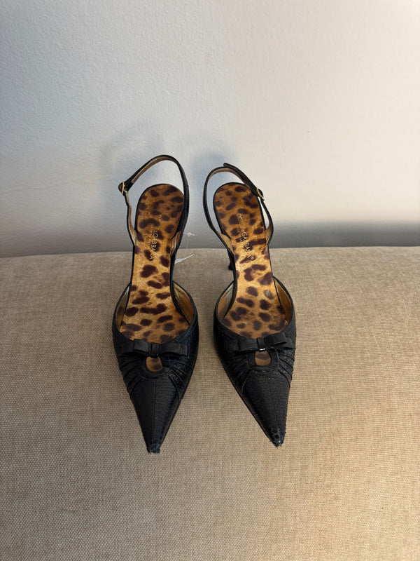 DOLCE & GABBANA D&G Black Python Skin Pointed-Toe High Heel Slingback Pumps Vintage Leopard Lining