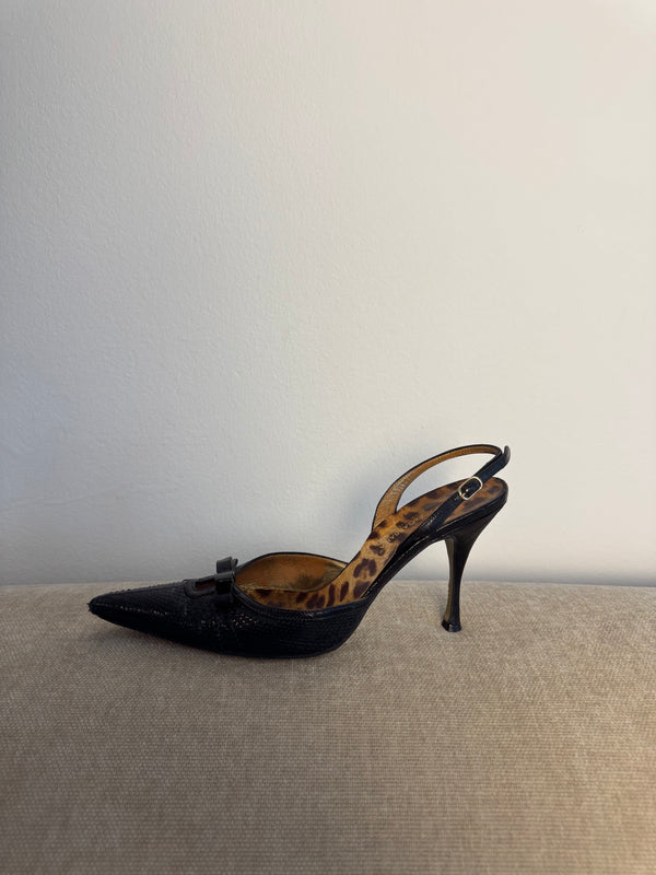 DOLCE & GABBANA D&G Black Python Skin Pointed-Toe High Heel Slingback Pumps Vintage Leopard Lining