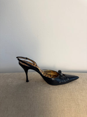 DOLCE & GABBANA D&G Black Python Skin Pointed-Toe High Heel Slingback Pumps Vintage Leopard Lining
