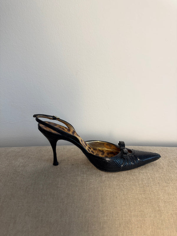 DOLCE & GABBANA D&G Black Python Skin Pointed-Toe High Heel Slingback Pumps Vintage Leopard Lining