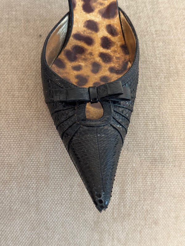 DOLCE & GABBANA D&G Black Python Skin Pointed-Toe High Heel Slingback Pumps Vintage Leopard Lining