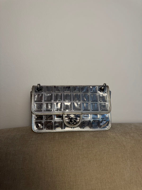 Chanel Vintage 2008 Cruise Collection Karl Lagerfeld Silver Ice Cube Leather Flap Choco Bar Shoulder Bag Y2k Limited Edition