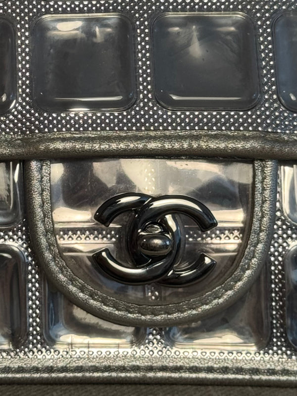 Chanel Vintage 2008 Cruise Collection Karl Lagerfeld Silver Ice Cube Leather Flap Choco Bar Shoulder Bag Y2k Limited Edition