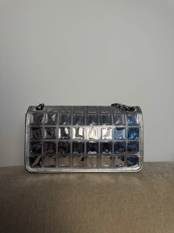 Chanel Vintage 2008 Cruise Collection Karl Lagerfeld Silver Ice Cube Leather Flap Choco Bar Shoulder Bag Y2k Limited Edition
