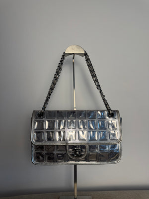 Chanel Vintage 2008 Cruise Collection Karl Lagerfeld Silver Ice Cube Leather Flap Choco Bar Shoulder Bag Y2k Limited Edition