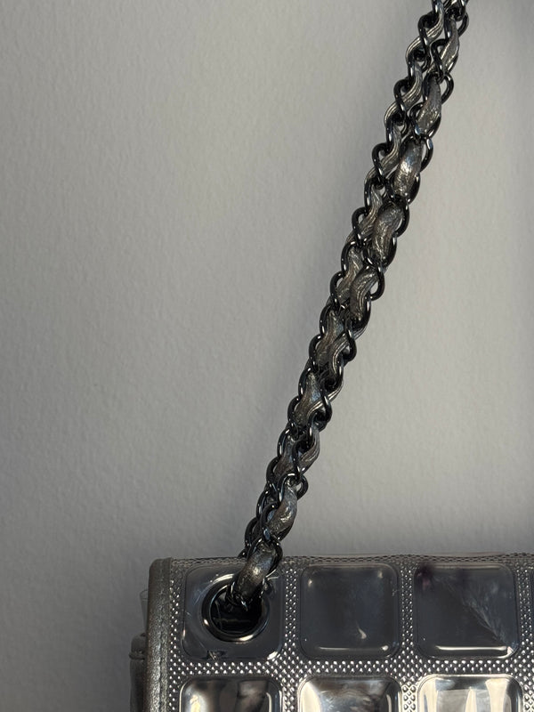 Chanel Vintage 2008 Cruise Collection Karl Lagerfeld Silver Ice Cube Leather Flap Choco Bar Shoulder Bag Y2k Limited Edition