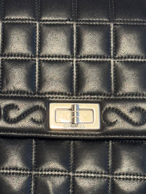Chanel Vintage 2000-2002 Black Quilted Chocolate Bar Lambskin Leather Checked 2.55 Flap Bag Lagerfeld Western Embroidery Gunmetal hardware Rhinestone CC Coco Mark Face