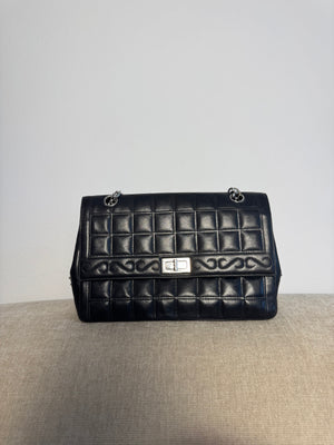 Chanel Vintage 2000-2002 Black Quilted Chocolate Bar Lambskin Leather Checked 2.55 Flap Bag Lagerfeld Western Embroidery Gunmetal hardware Rhinestone CC Coco Mark Face