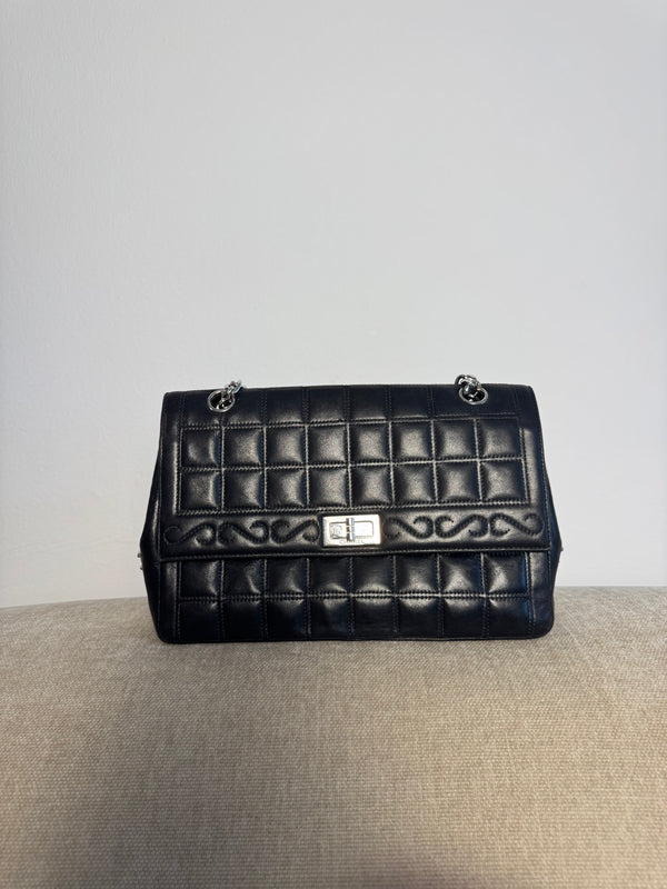 Chanel Vintage 2000-2002 Black Quilted Chocolate Bar Lambskin Leather Checked 2.55 Flap Bag Lagerfeld Western Embroidery Gunmetal hardware Rhinestone CC Coco Mark Face