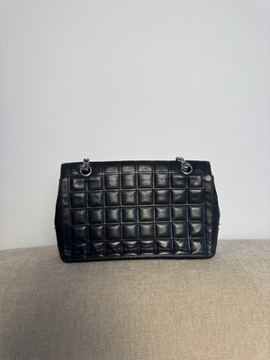 Chanel Vintage 2000-2002 Black Quilted Chocolate Bar Lambskin Leather Checked 2.55 Flap Bag Lagerfeld Western Embroidery Gunmetal hardware Rhinestone CC Coco Mark Face