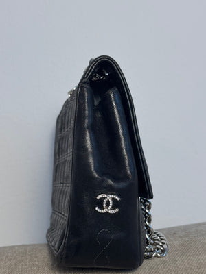 Chanel Vintage 2000-2002 Black Quilted Chocolate Bar Lambskin Leather Checked 2.55 Flap Bag Lagerfeld Western Embroidery Gunmetal hardware Rhinestone CC Coco Mark Face