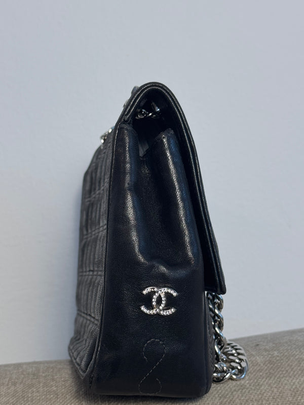 Chanel Vintage 2000-2002 Black Quilted Chocolate Bar Lambskin Leather Checked 2.55 Flap Bag Lagerfeld Western Embroidery Gunmetal hardware Rhinestone CC Coco Mark Face