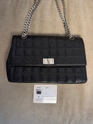 Chanel Vintage 2000-2002 Black Quilted Chocolate Bar Lambskin Leather Checked 2.55 Flap Bag Lagerfeld Western Embroidery Gunmetal hardware Rhinestone CC Coco Mark Face