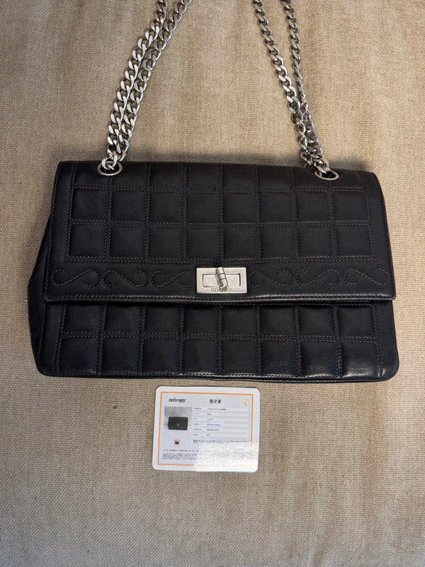 Chanel Vintage 2000-2002 Black Quilted Chocolate Bar Lambskin Leather Checked 2.55 Flap Bag Lagerfeld Western Embroidery Gunmetal hardware Rhinestone CC Coco Mark Face