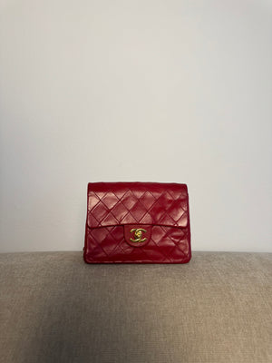 Chanel Vintage CC Cocomark series 1 Red Lambskin 24K Gold Hardware Classic Mini Square Flap Shoulder Bag Red Repaint