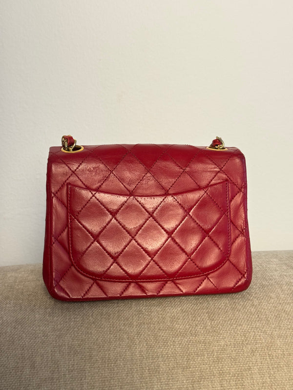 Chanel Vintage CC Cocomark series 1 Red Lambskin 24K Gold Hardware Classic Mini Square Flap Shoulder Bag Red Repaint