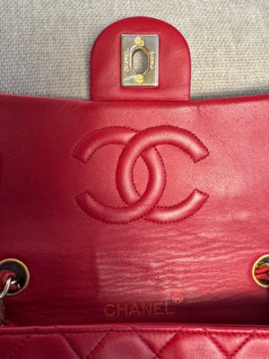 Chanel Vintage CC Cocomark series 1 Red Lambskin 24K Gold Hardware Classic Mini Square Flap Shoulder Bag Red Repaint