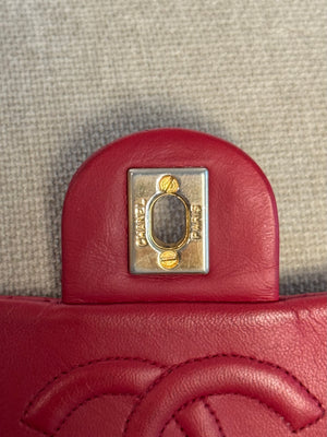 Chanel Vintage CC Cocomark series 1 Red Lambskin 24K Gold Hardware Classic Mini Square Flap Shoulder Bag Red Repaint