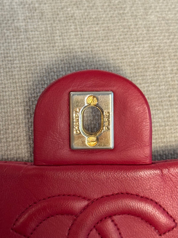 Chanel Vintage CC Cocomark series 1 Red Lambskin 24K Gold Hardware Classic Mini Square Flap Shoulder Bag Red Repaint