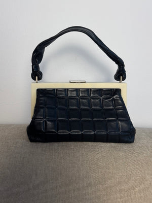 Chanel Vintage 2001 Black and Creme Chocolate Bar Leather Frame Checkered Shoulder Bag Karl Lagerfeld Limited Edition