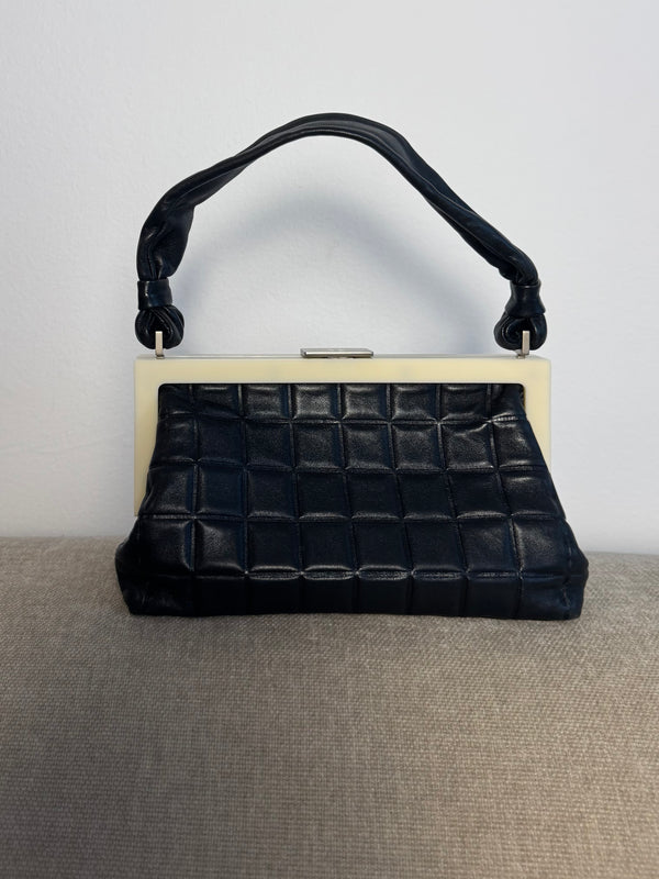 Chanel Vintage 2001 Black and Creme Chocolate Bar Leather Frame Checkered Shoulder Bag Karl Lagerfeld Limited Edition