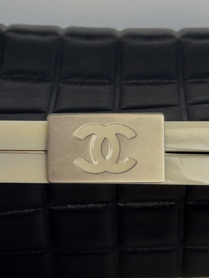Chanel Vintage 2001 Black and Creme Chocolate Bar Leather Frame Checkered Shoulder Bag Karl Lagerfeld Limited Edition