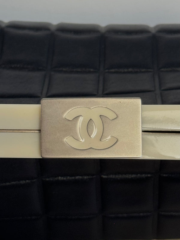 Chanel Vintage 2001 Black and Creme Chocolate Bar Leather Frame Checkered Shoulder Bag Karl Lagerfeld Limited Edition