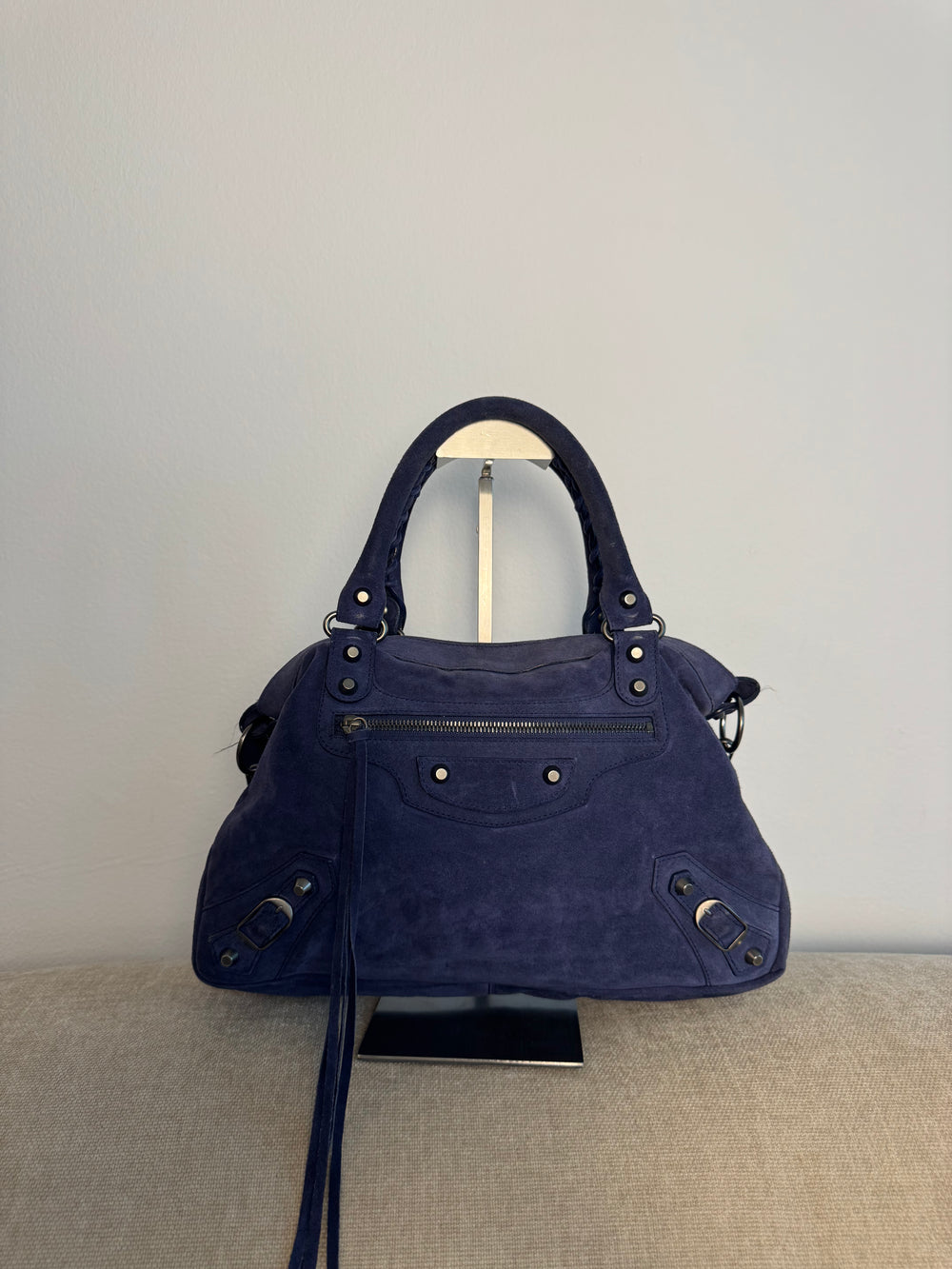 Balenciaga City Bag Le City Limited Edition Suede Navy Blue Leather Trim Shoulder Bag Motorcycle Shoulder Bag
