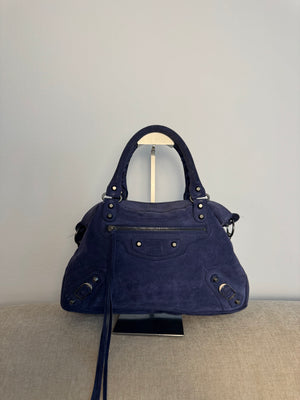 Balenciaga City Bag Le City Limited Edition Suede Navy Blue Leather Trim Shoulder Bag Motorcycle Shoulder Bag