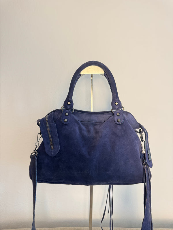 Balenciaga City Bag Le City Limited Edition Suede Navy Blue Leather Trim Shoulder Bag Motorcycle Shoulder Bag