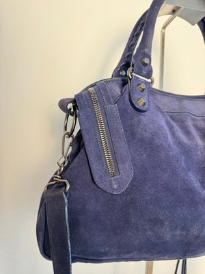Balenciaga City Bag Le City Limited Edition Suede Navy Blue Leather Trim Shoulder Bag Motorcycle Shoulder Bag