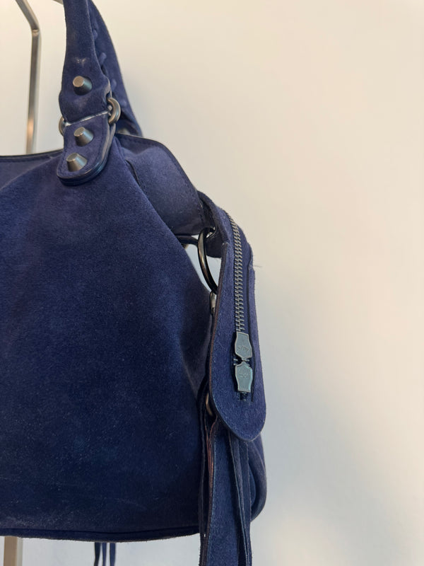 Balenciaga City Bag Le City Limited Edition Suede Navy Blue Leather Trim Shoulder Bag Motorcycle Shoulder Bag