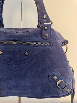 Balenciaga City Bag Le City Limited Edition Suede Navy Blue Leather Trim Shoulder Bag Motorcycle Shoulder Bag