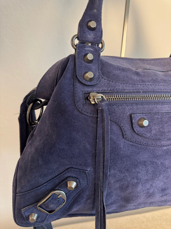 Balenciaga City Bag Le City Limited Edition Suede Navy Blue Leather Trim Shoulder Bag Motorcycle Shoulder Bag