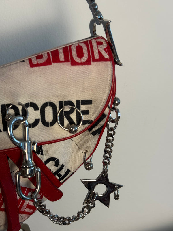 Rare Vintage Christian Dior "Hardcore" piercing graphic limited edition Saddlebag S/S 2003 John Galliano White Black red chain charm detailing