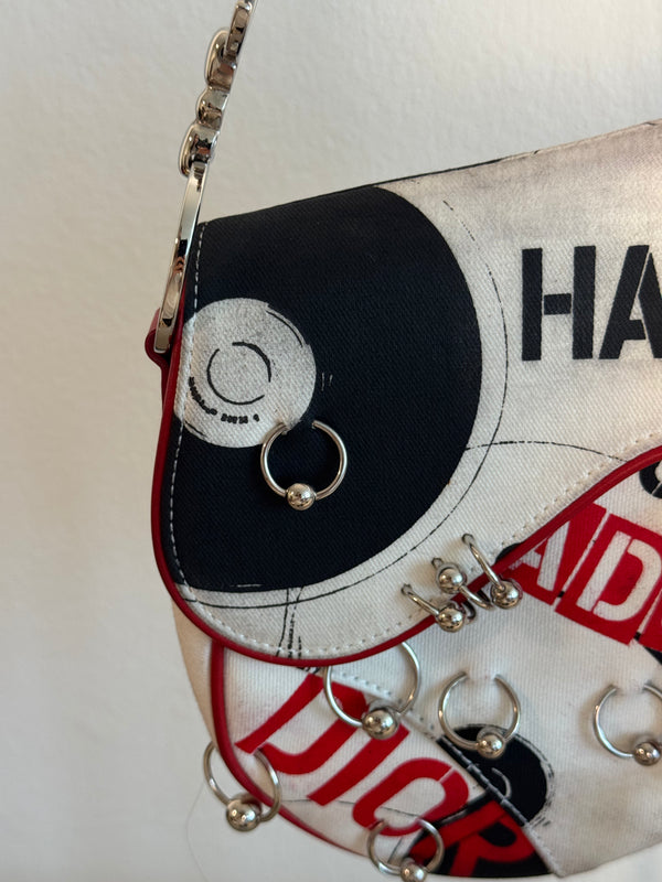 Rare Vintage Christian Dior "Hardcore" piercing graphic limited edition Saddlebag S/S 2003 John Galliano White Black red chain charm detailing