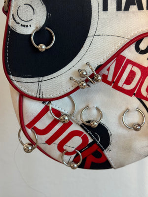 Rare Vintage Christian Dior "Hardcore" piercing graphic limited edition Saddlebag S/S 2003 John Galliano White Black red chain charm detailing