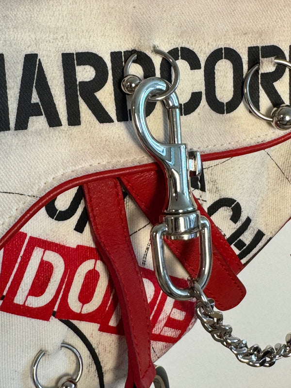 Rare Vintage Christian Dior "Hardcore" piercing graphic limited edition Saddlebag S/S 2003 John Galliano White Black red chain charm detailing