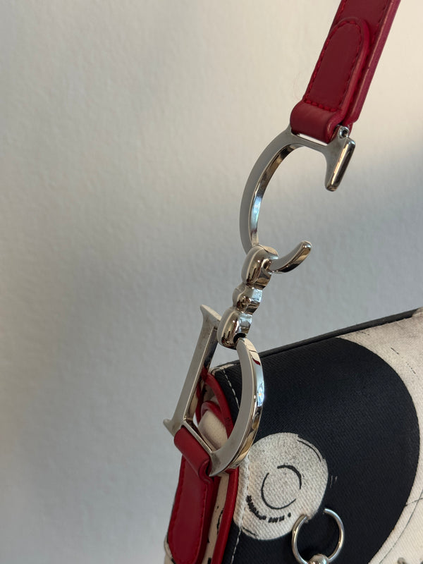 Rare Vintage Christian Dior "Hardcore" piercing graphic limited edition Saddlebag S/S 2003 John Galliano White Black red chain charm detailing