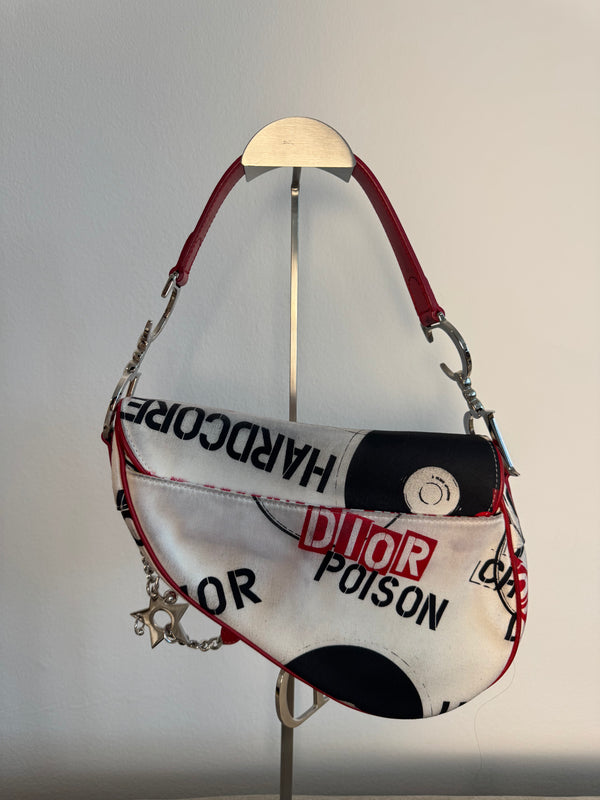 Rare Vintage Christian Dior "Hardcore" piercing graphic limited edition Saddlebag S/S 2003 John Galliano White Black red chain charm detailing