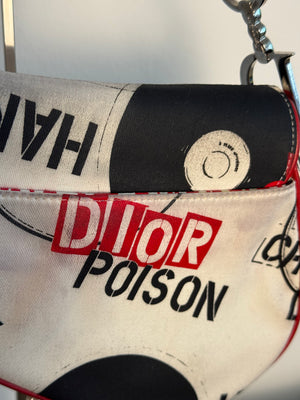 Rare Vintage Christian Dior "Hardcore" piercing graphic limited edition Saddlebag S/S 2003 John Galliano White Black red chain charm detailing