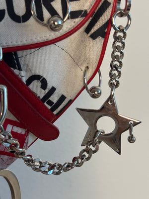 Rare Vintage Christian Dior "Hardcore" piercing graphic limited edition Saddlebag S/S 2003 John Galliano White Black red chain charm detailing